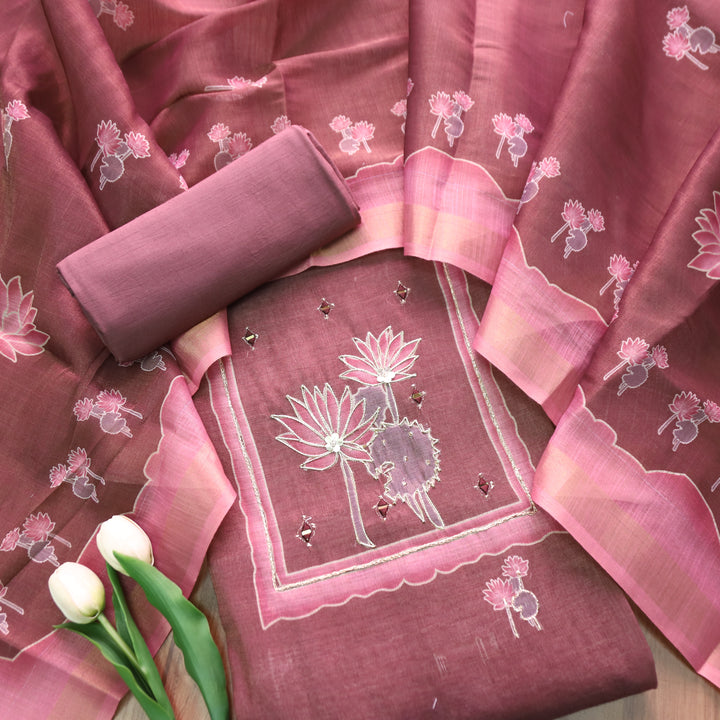 Aashiya Mulberry Purple Digital Printed with Zari Weaved and Mirror Shimmer Linen Set