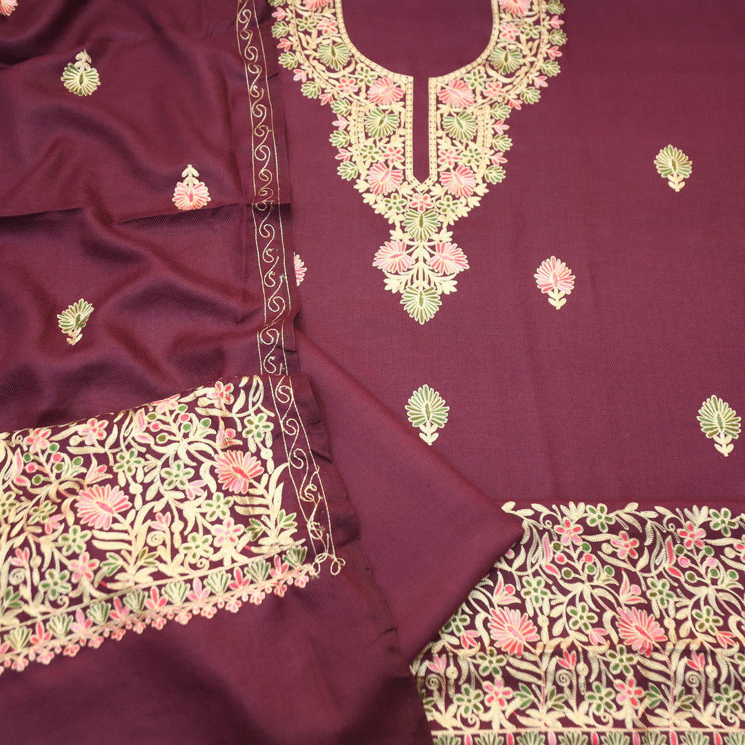 Roshni Burgundy Wine Kashida Embroidery Work Semi Pashmina WInter Set