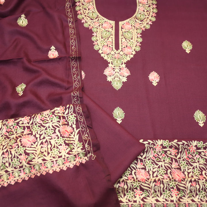 Roshni Burgundy Wine Kashida Embroidery Work Semi Pashmina WInter Set