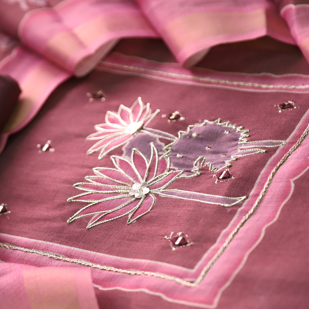 Aashiya Mulberry Purple Digital Printed with Zari Weaved and Mirror Shimmer Linen Set