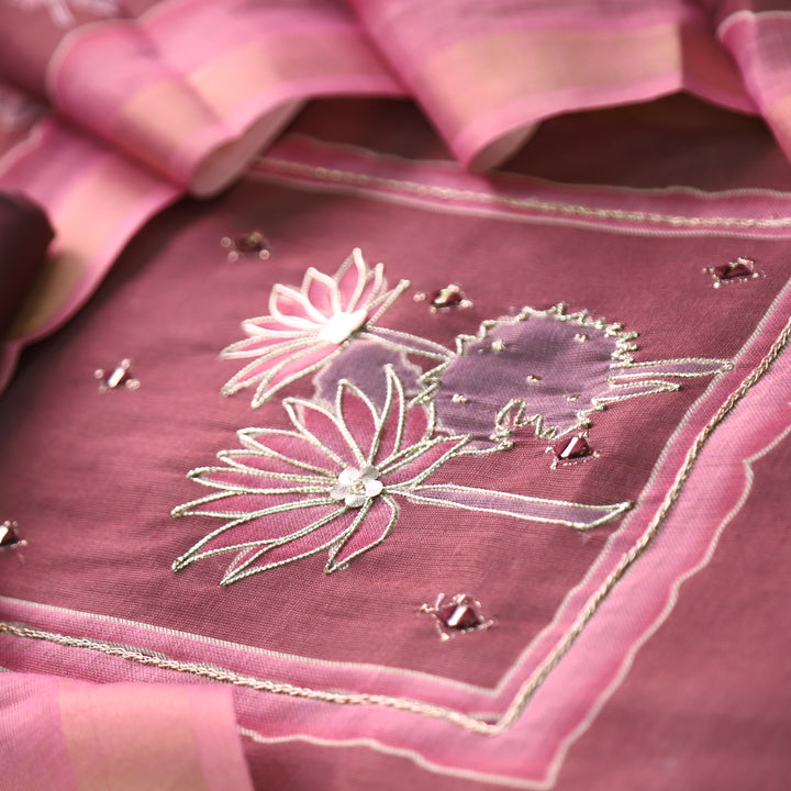 Aashiya Mulberry Purple Digital Printed with Zari Weaved and Mirror Shimmer Linen Set