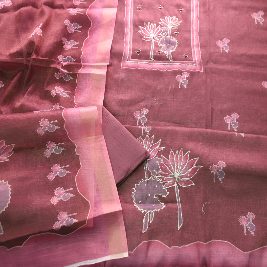 Aashiya Mulberry Purple Digital Printed with Zari Weaved and Mirror Shimmer Linen Set