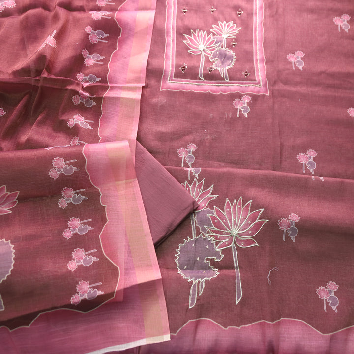 Aashiya Mulberry Purple Digital Printed with Zari Weaved and Mirror Shimmer Linen Set