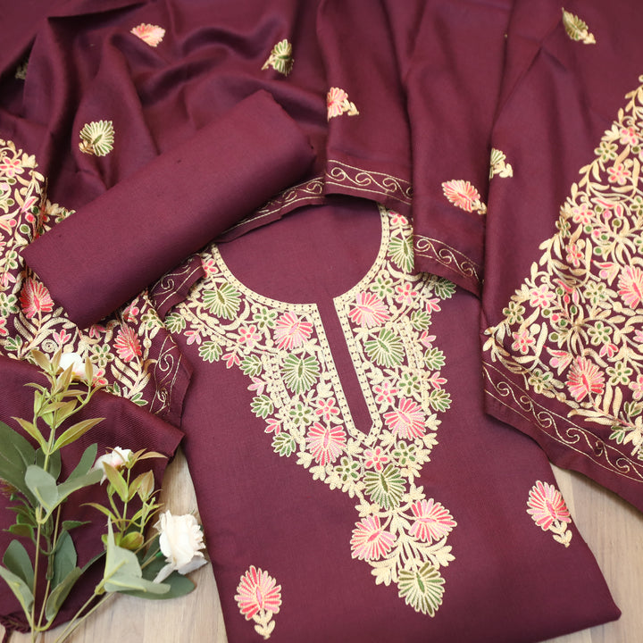 Roshni Burgundy Wine Kashida Embroidery Work Semi Pashmina WInter Set