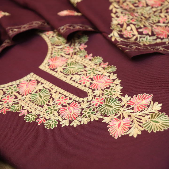 Roshni Burgundy Wine Kashida Embroidery Work Semi Pashmina WInter Set