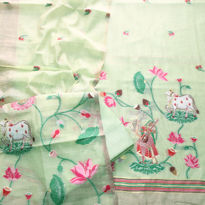 Khayal Minty Green Pichwai Authentic Jamdani Weaved Hemline Chanderi Suit Set