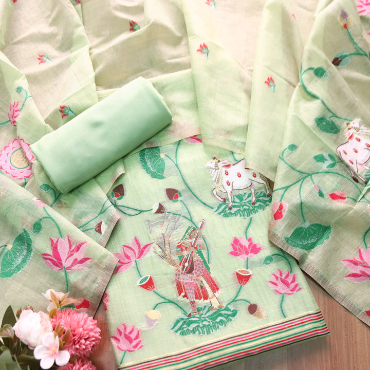 Khayal Minty Green Pichwai Authentic Jamdani Weaved Hemline Chanderi Suit Set