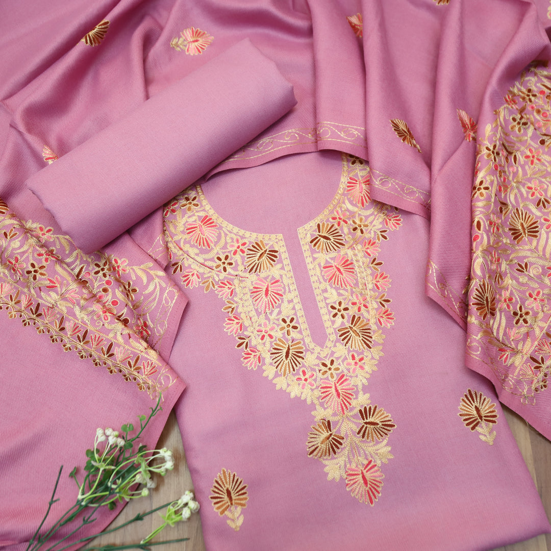 Roshni Lilly Lilac Kashida Embroidery Work Semi Pashmina WInter Set