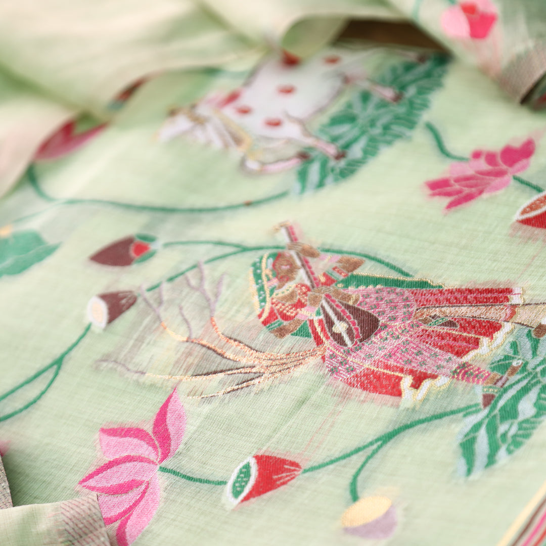 Khayal Minty Green Pichwai Authentic Jamdani Weaved Hemline Chanderi Suit Set