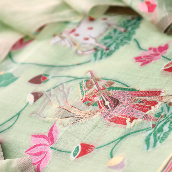 Khayal Minty Green Pichwai Authentic Jamdani Weaved Hemline Chanderi Suit Set