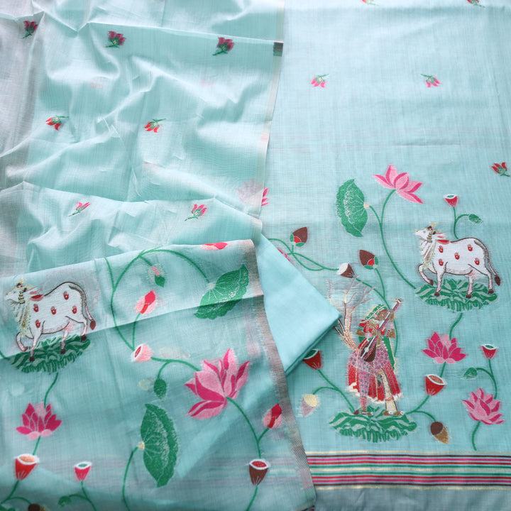 Khayal Powder Blue Pichwai Authentic Jamdani Weaved Hemline Chanderi Suit Set
