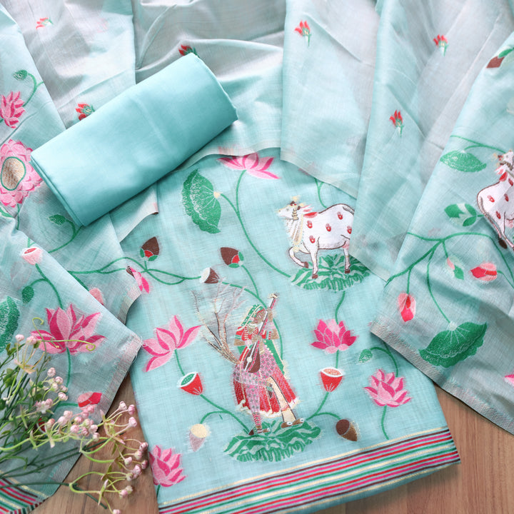 Khayal Powder Blue Pichwai Authentic Jamdani Weaved Hemline Chanderi Suit Set