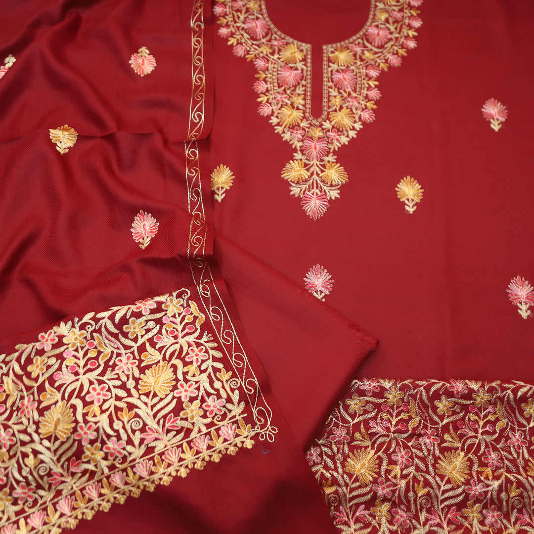 Roshni Maroon Red Kashida Embroidery Work Semi Pashmina WInter Set
