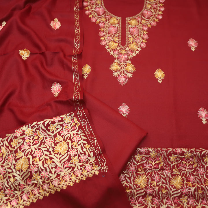 Roshni Maroon Red Kashida Embroidery Work Semi Pashmina WInter Set