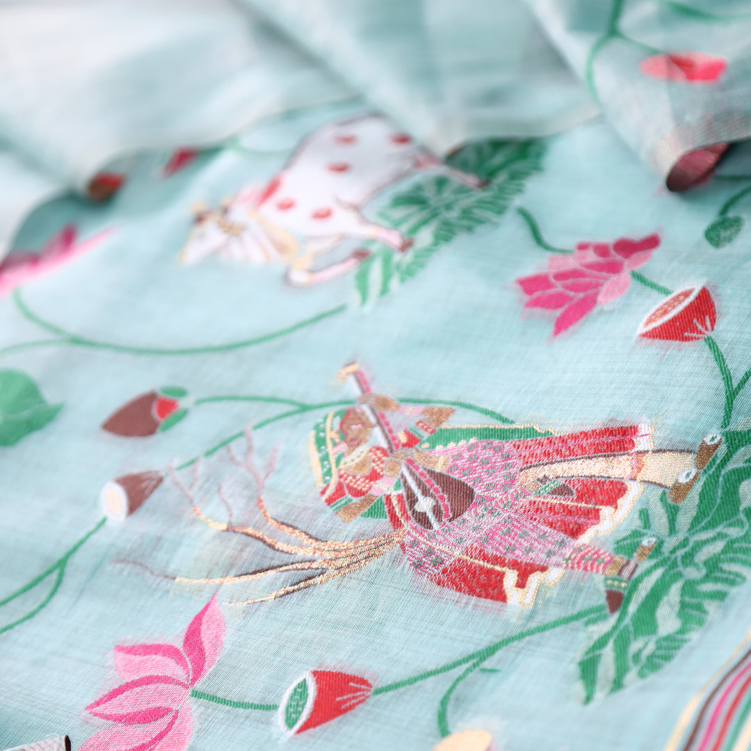 Khayal Powder Blue Pichwai Authentic Jamdani Weaved Hemline Chanderi Suit Set