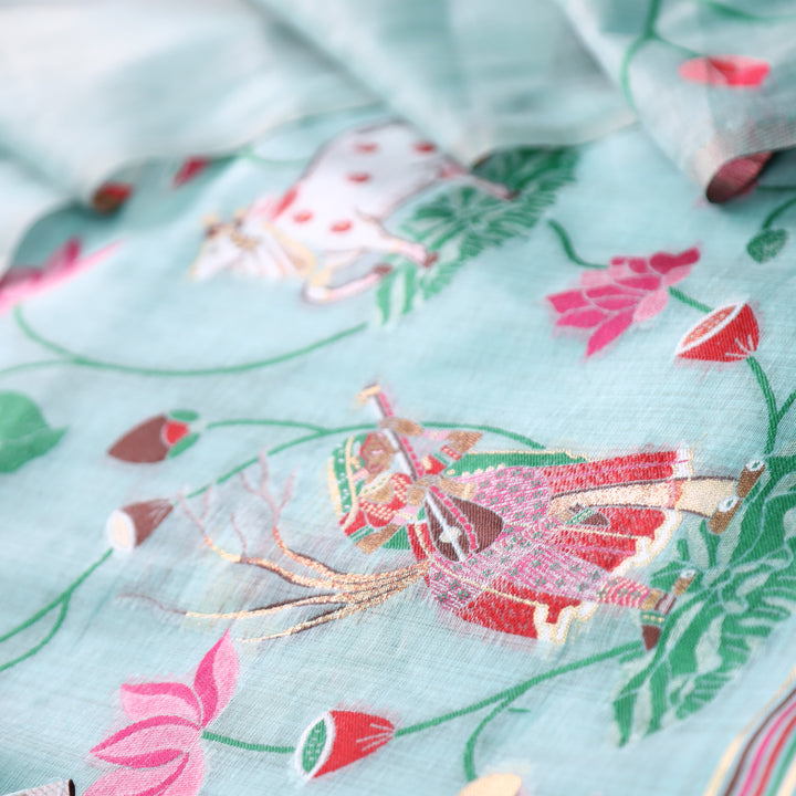 Khayal Powder Blue Pichwai Authentic Jamdani Weaved Hemline Chanderi Suit Set