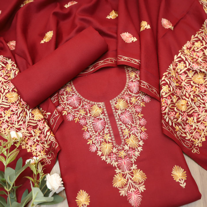 Roshni Maroon Red Kashida Embroidery Work Semi Pashmina WInter Set