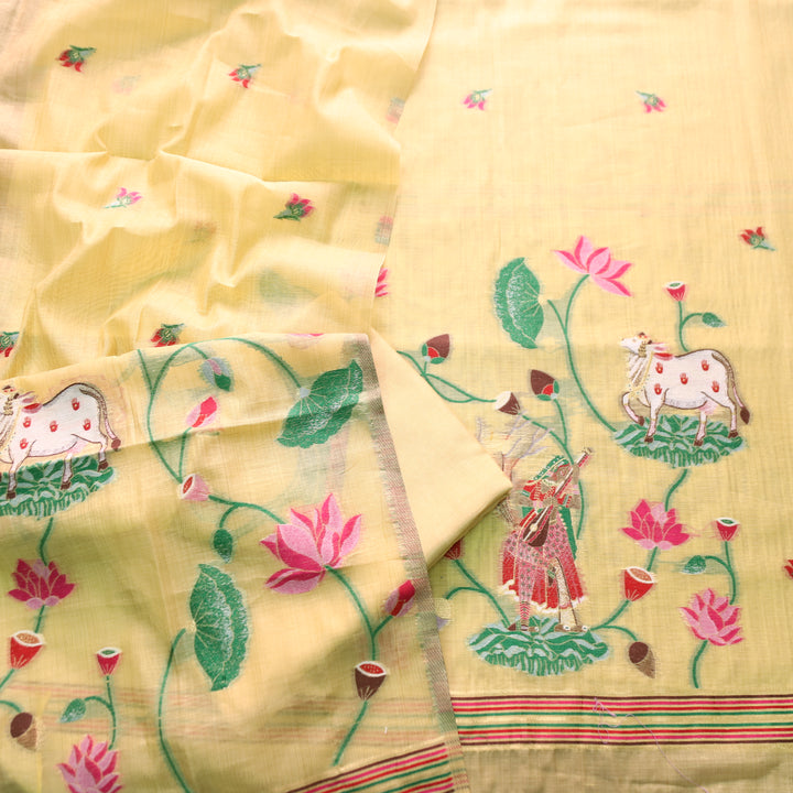 Khayal Butter Yellow Pichwai Authentic Jamdani Weaved Hemline Chanderi Suit Set