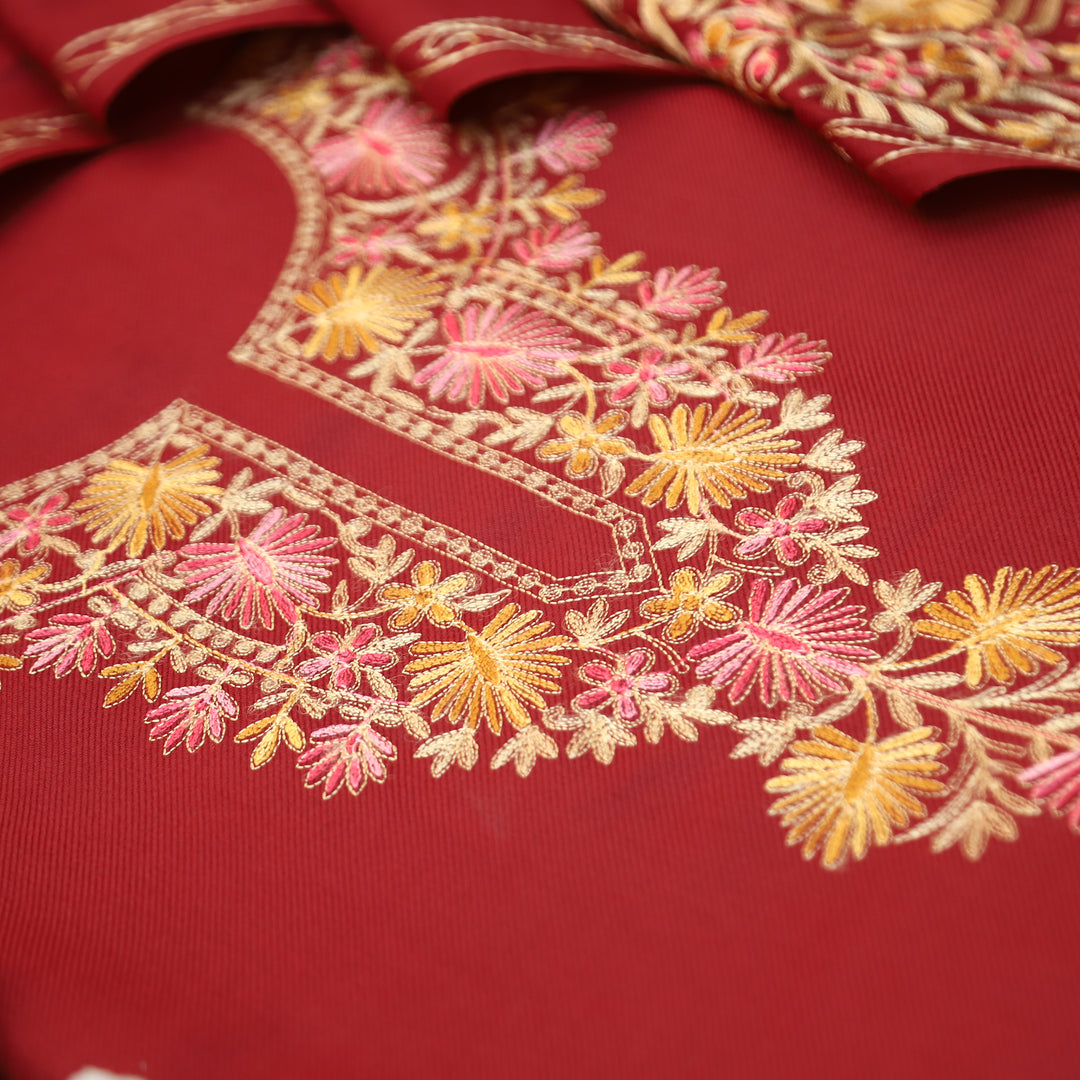 Roshni Maroon Red Kashida Embroidery Work Semi Pashmina WInter Set