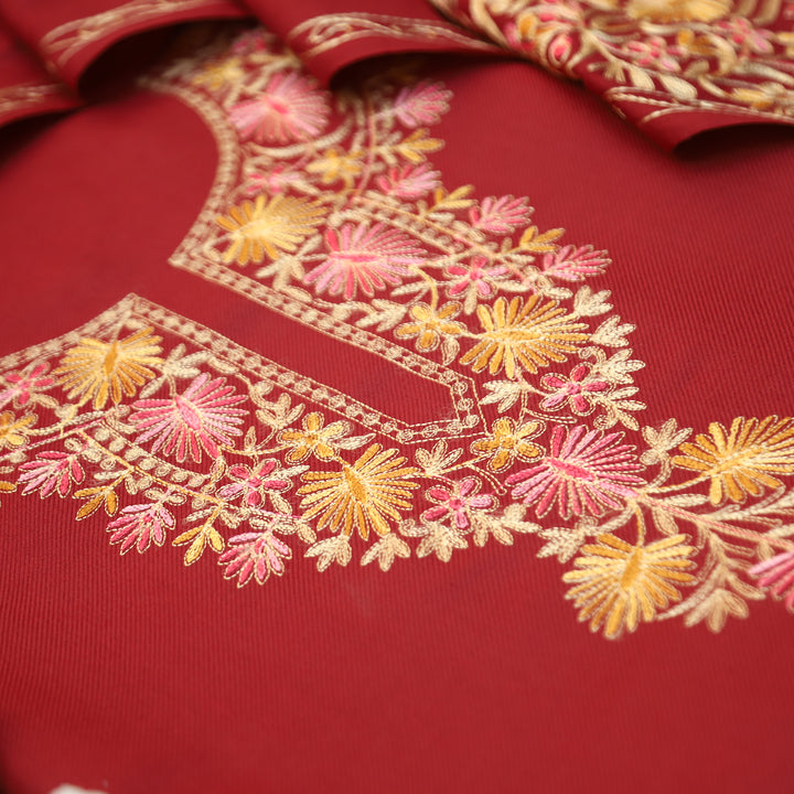 Roshni Maroon Red Kashida Embroidery Work Semi Pashmina WInter Set