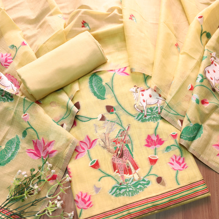 Khayal Butter Yellow Pichwai Authentic Jamdani Weaved Hemline Chanderi Suit Set