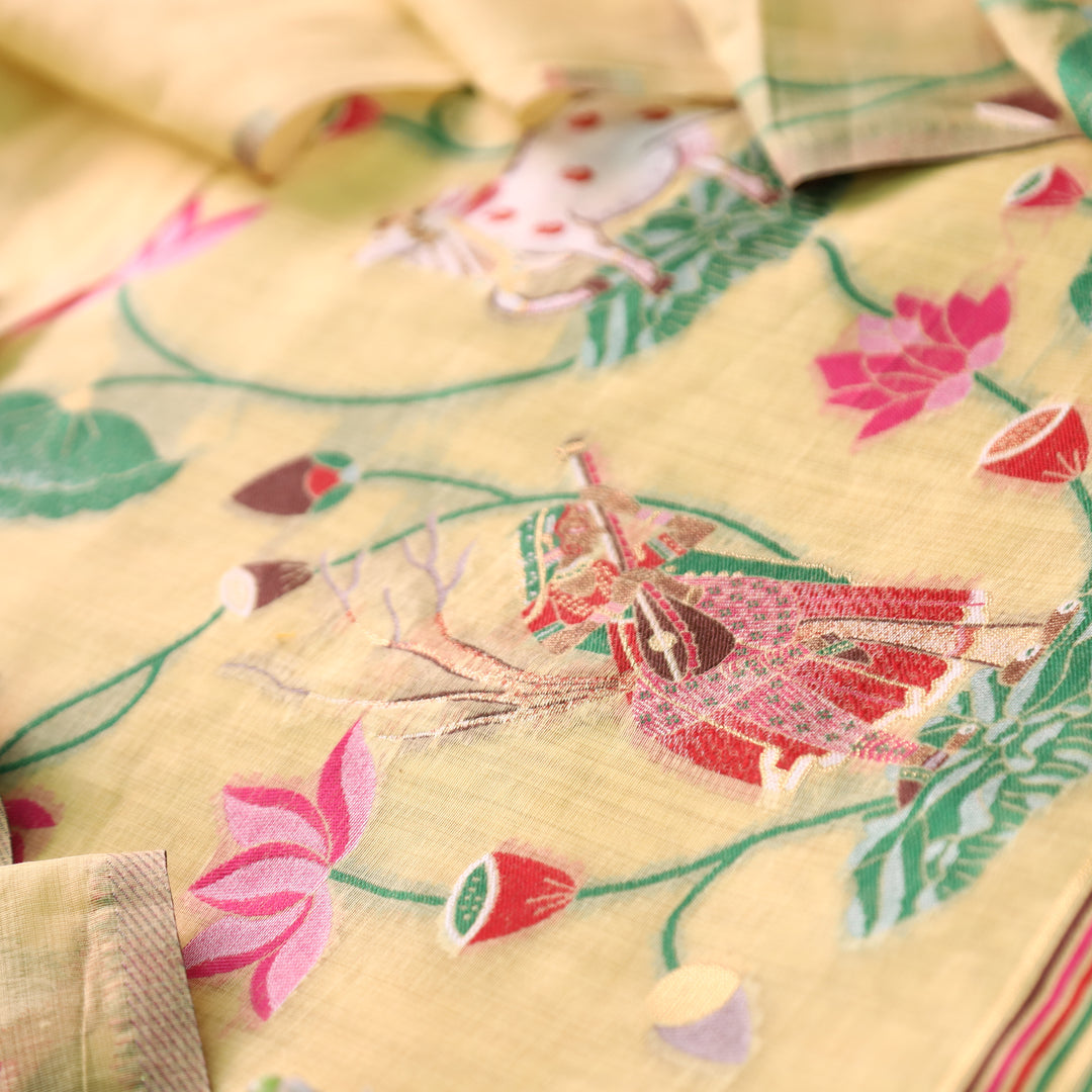 Khayal Butter Yellow Pichwai Authentic Jamdani Weaved Hemline Chanderi Suit Set