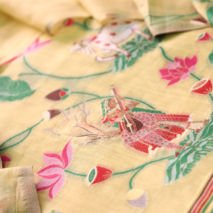 Khayal Butter Yellow Pichwai Authentic Jamdani Weaved Hemline Chanderi Suit Set