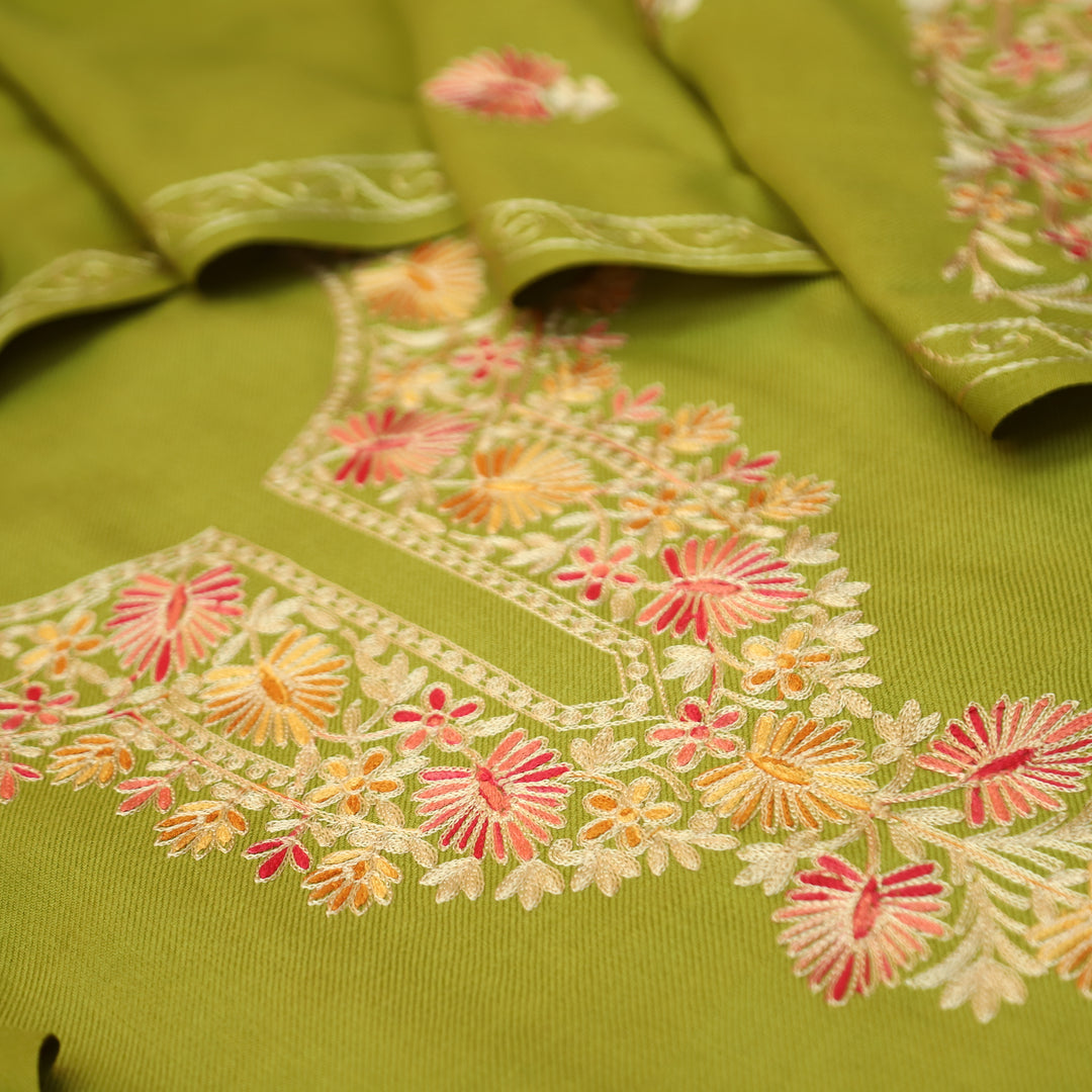 Roshni Leaf Green Kashida Embroidery Work Semi Pashmina WInter Set