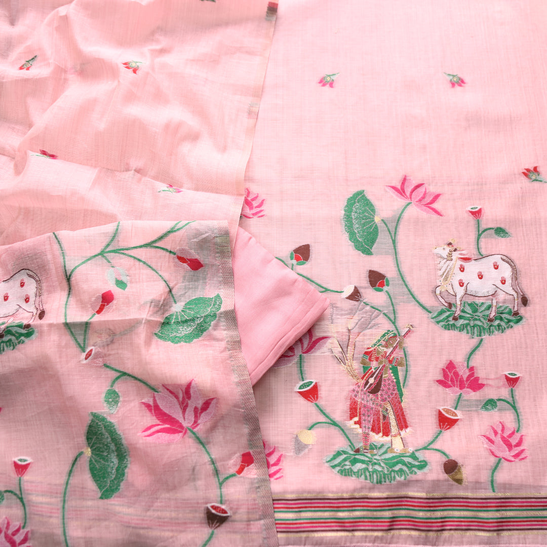 Khayal Candy Pink Pichwai Authentic Jamdani Weaved Hemline Chanderi Suit Set