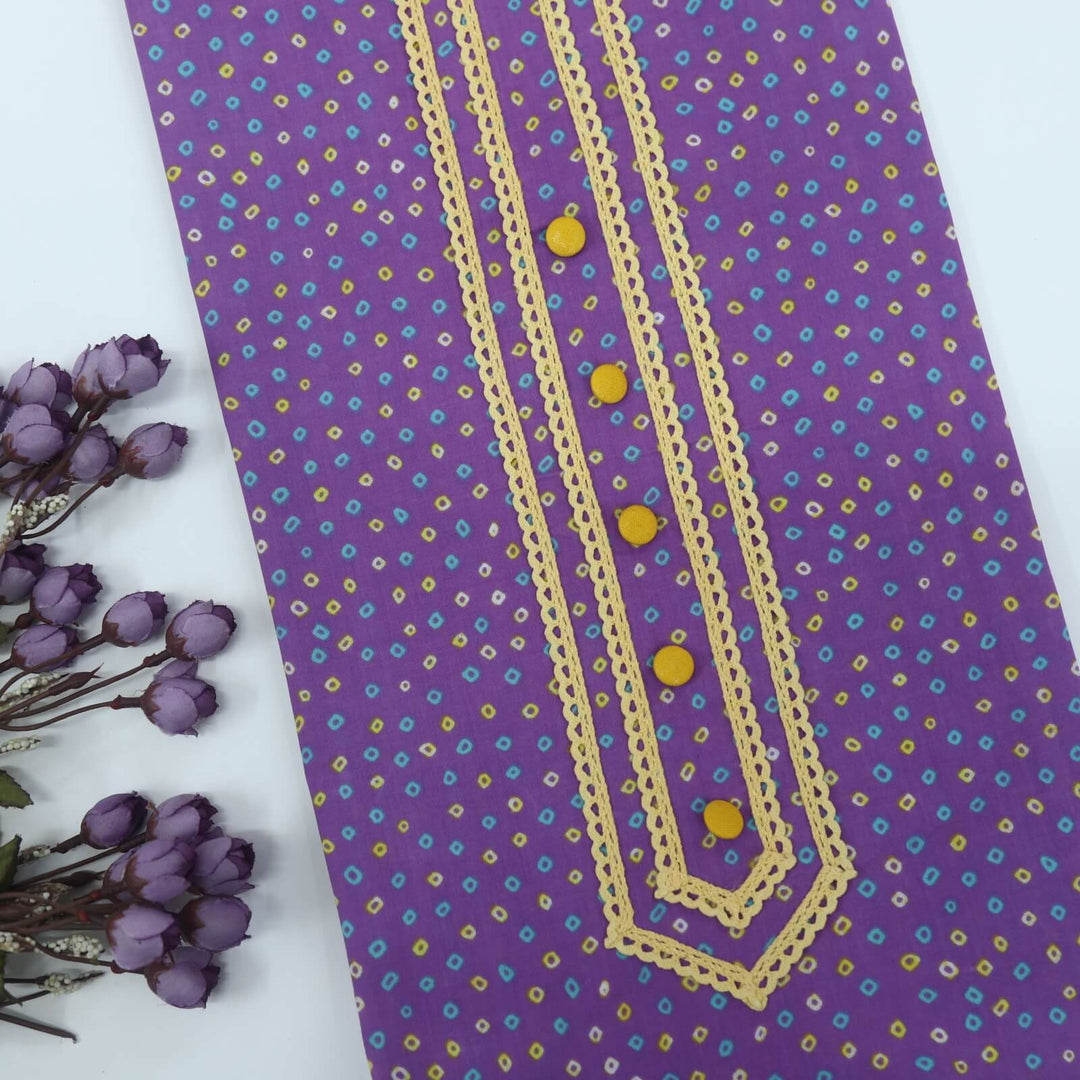 Purple Lace Work Bandhani Inspired Printed Cotton Top