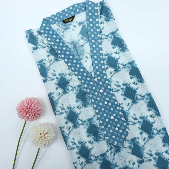 Sapphire Blue Printed with Polka Printed Lace Work Cotton Top