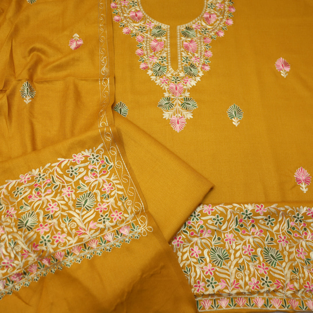Roshni Dandelion Yellow Kashida Embroidery Work Semi Pashmina WInter Set