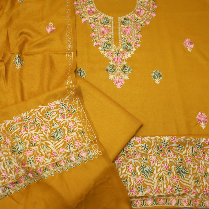 Roshni Dandelion Yellow Kashida Embroidery Work Semi Pashmina WInter Set
