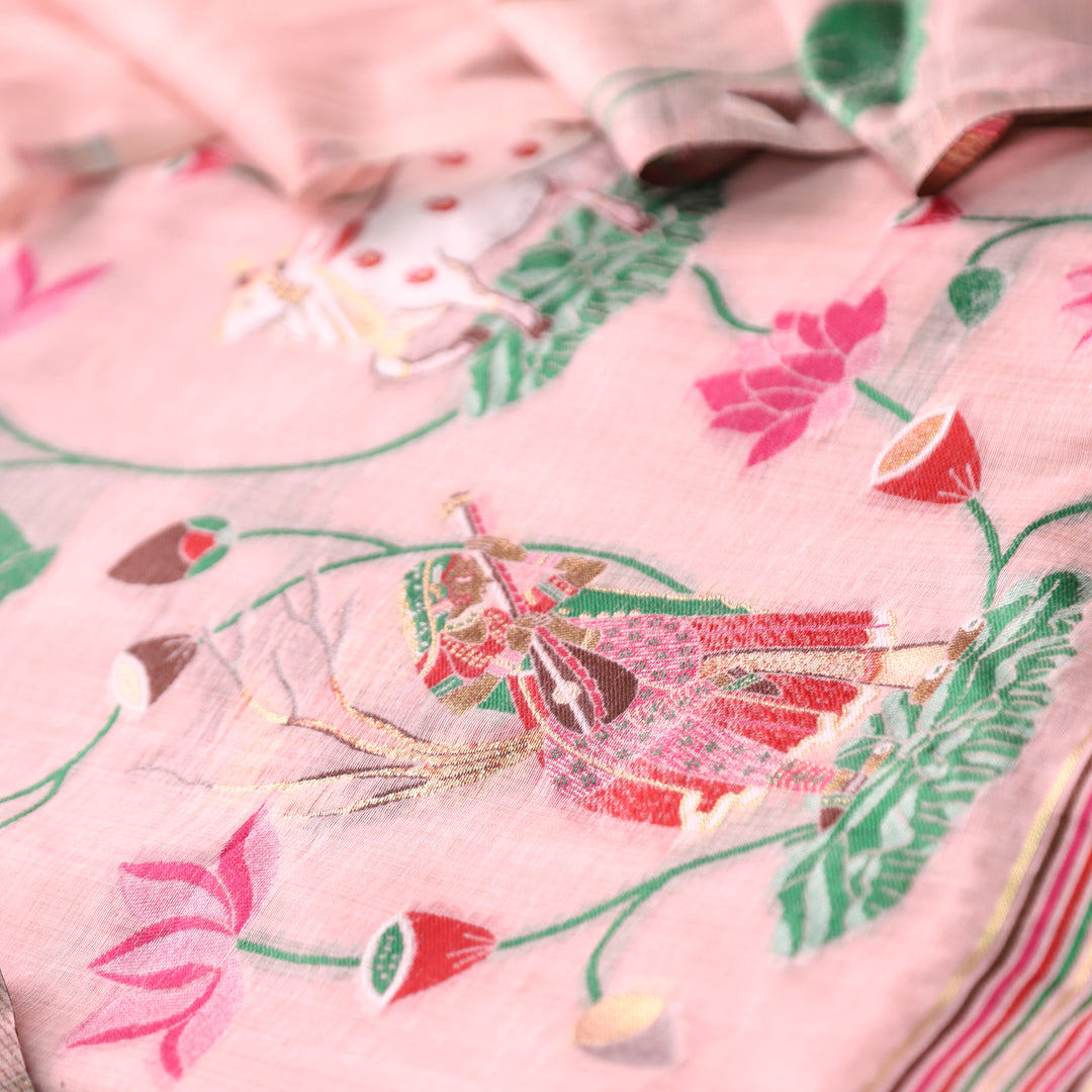 Khayal Candy Pink Pichwai Authentic Jamdani Weaved Hemline Chanderi Suit Set