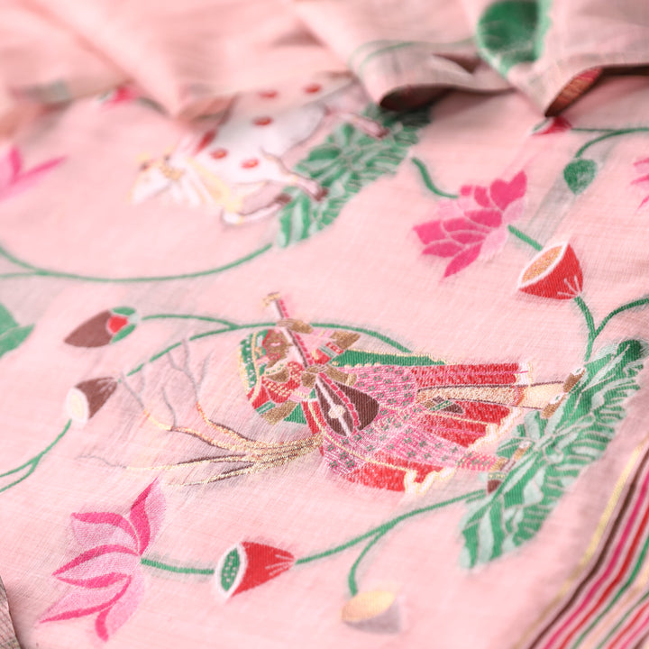 Khayal Candy Pink Pichwai Authentic Jamdani Weaved Hemline Chanderi Suit Set