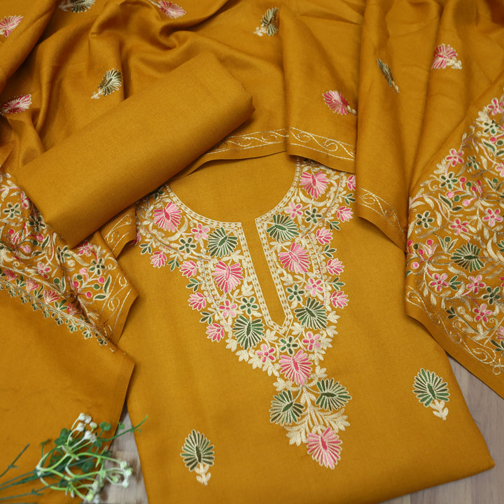 Roshni Dandelion Yellow Kashida Embroidery Work Semi Pashmina WInter Set