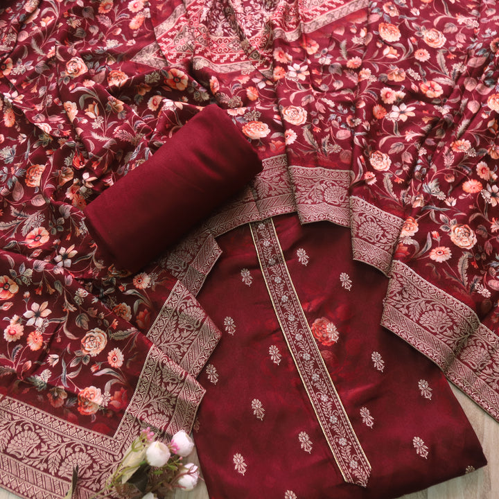 Numaaish Bride Red Zari Weaved with Floral Print Semi Pashmina Winter Suit Set