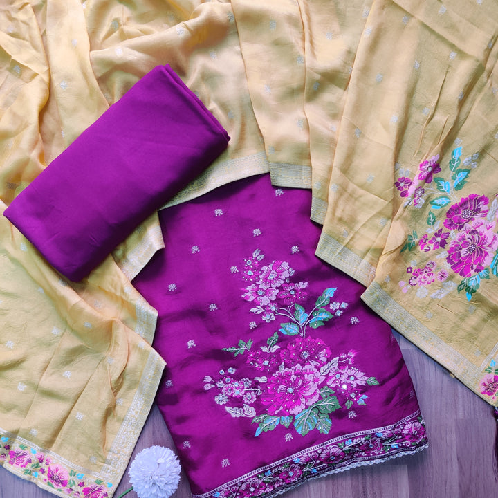 Chandni Wine Purple All Over Zari Work with Floral Thread Weaved Dola Silk Suit Set
