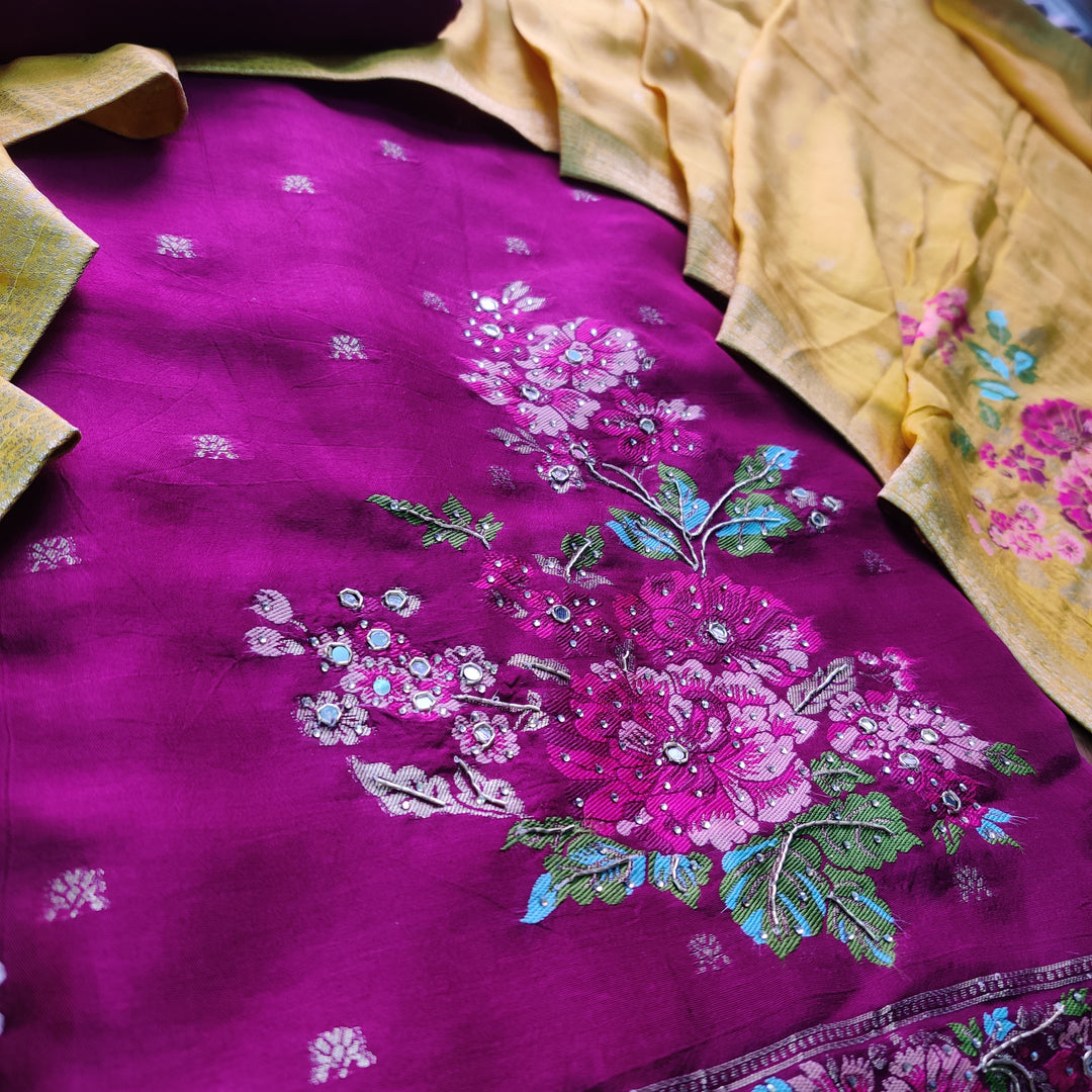Chandni Wine Purple All Over Zari Work with Floral Thread Weaved Dola Silk Suit Set