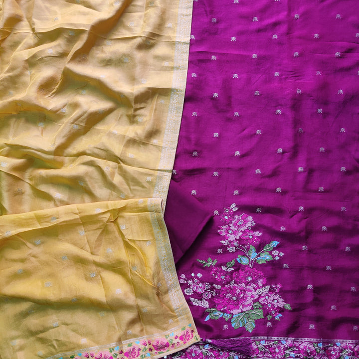 Chandni Wine Purple All Over Zari Work with Floral Thread Weaved Dola Silk Suit Set