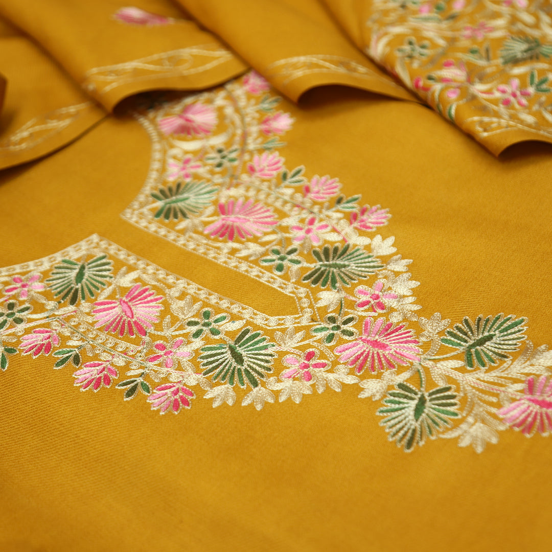 Roshni Dandelion Yellow Kashida Embroidery Work Semi Pashmina WInter Set