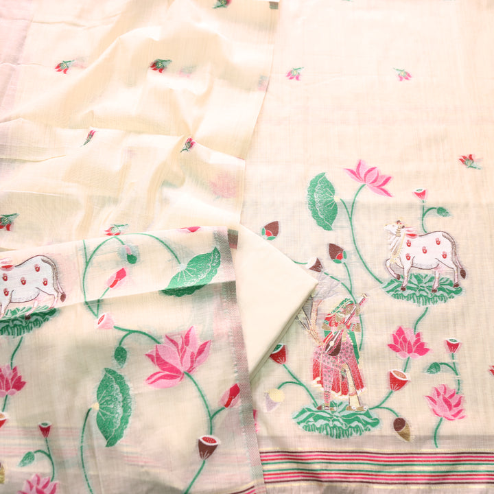 Khayal Buttermilk Beige Pichwai Authentic Jamdani Weaved Hemline Chanderi Suit Set
