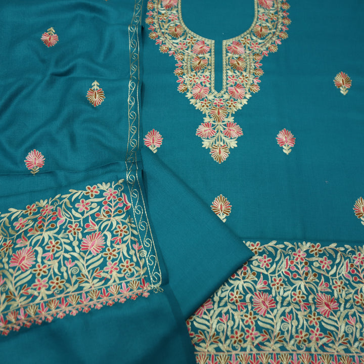 Roshni Aqua Blue Kashida Embroidery Work Semi Pashmina WInter Set
