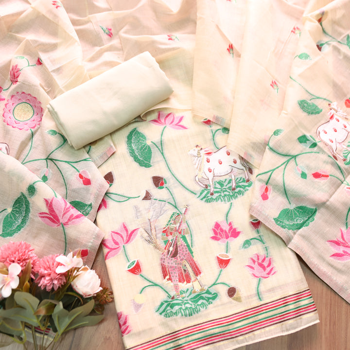 Khayal Buttermilk Beige Pichwai Authentic Jamdani Weaved Hemline Chanderi Suit Set