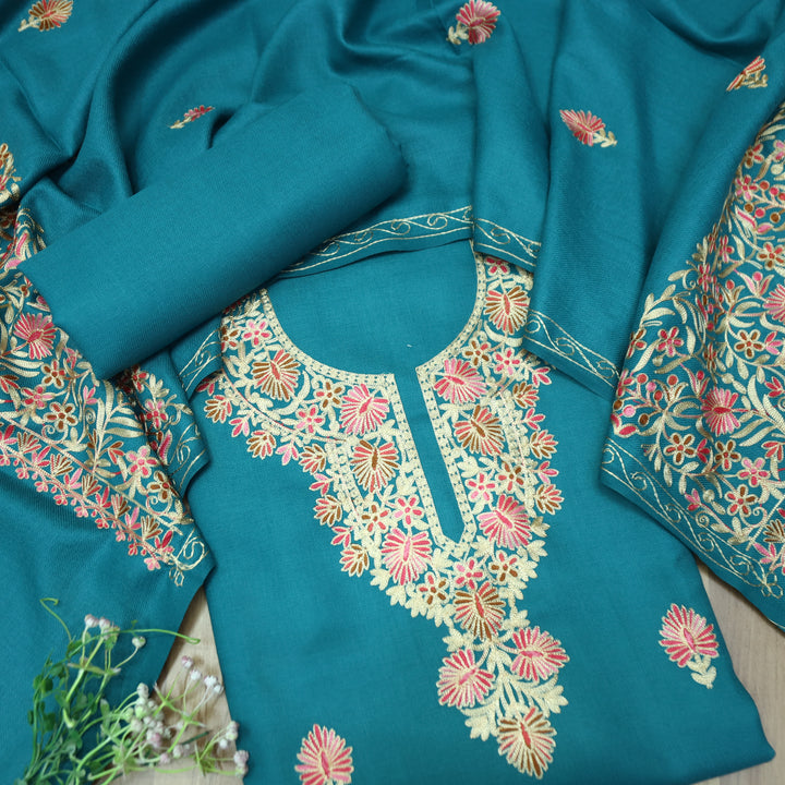 Roshni Aqua Blue Kashida Embroidery Work Semi Pashmina WInter Set