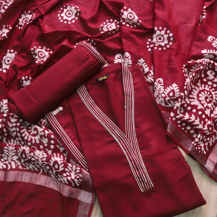 Tiara Cherry Maroon Running Thread Work Semi Pashmina Winter Suit Set