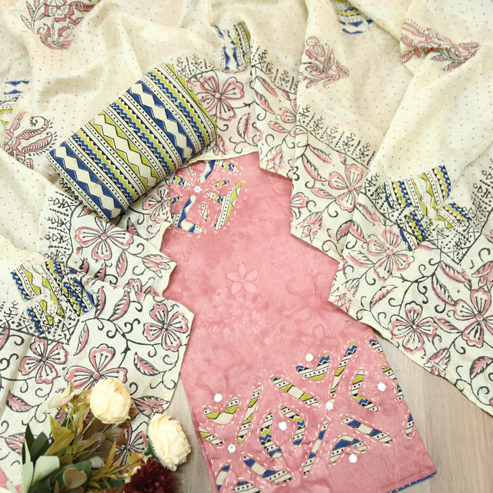 Sadhgi California Pink Self Printed Kalamkari Applique Work Jam Satin Cotton Set