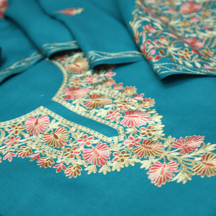 Roshni Aqua Blue Kashida Embroidery Work Semi Pashmina WInter Set