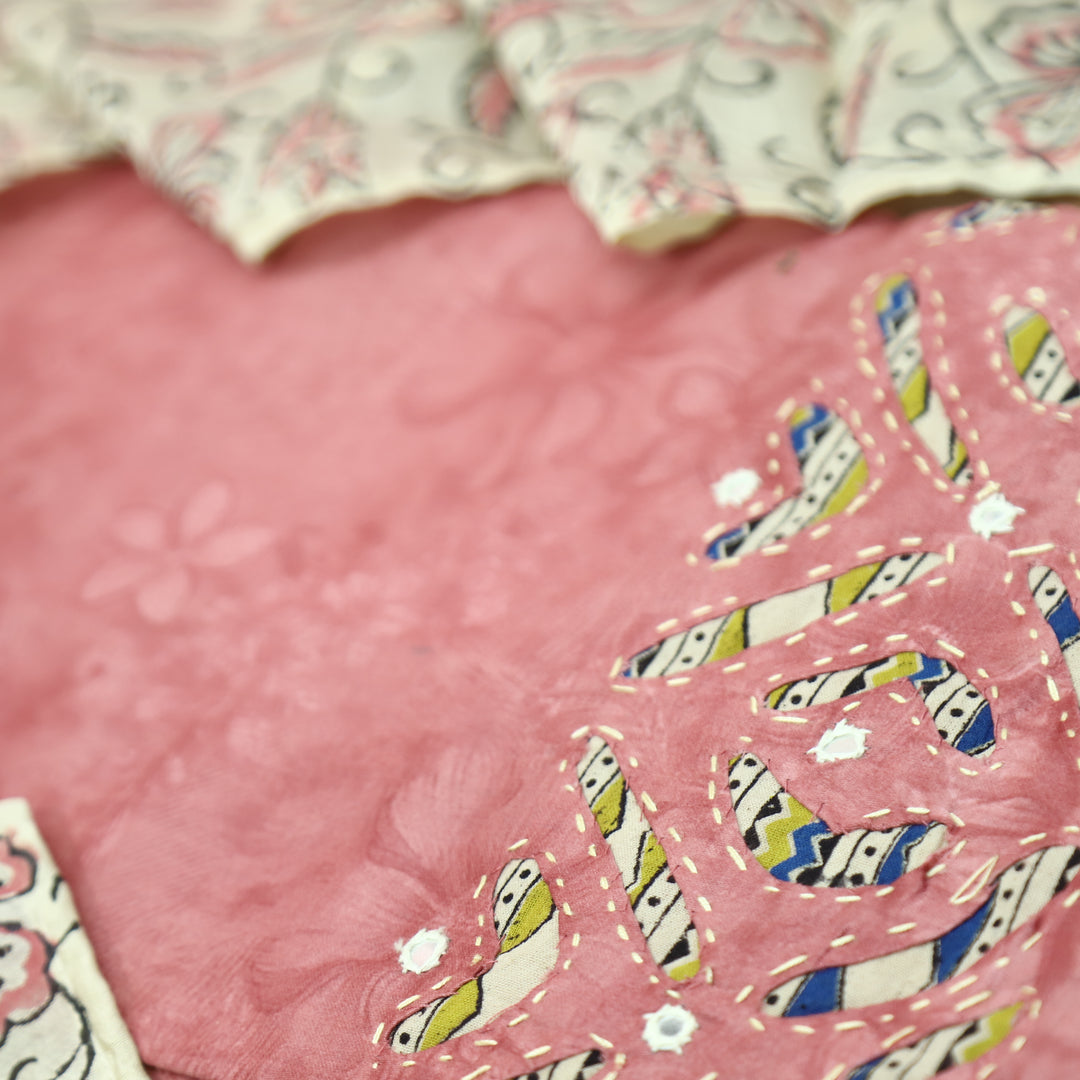 Sadhgi California Pink Self Printed Kalamkari Applique Work Jam Satin Cotton Set
