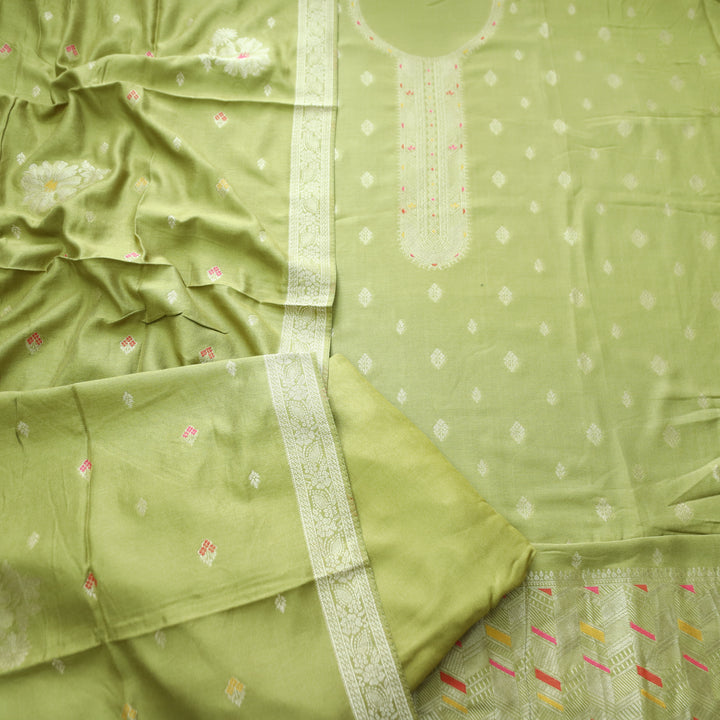 Raveena Leaf Green All Over Zari Weaved Panel Style Semi Pashmina Winter Set